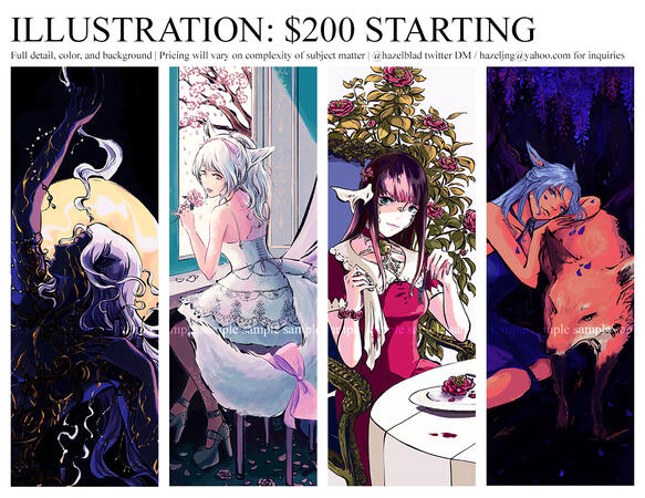 Illustration: $200 starting. Full detail, color, and background. Pricing will vary upon complexity of subject matter.
